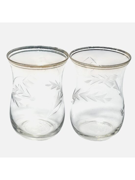 Other - 2 Vintage Etched Juice Glasses 3.25" Gold Rim Floral Cordial Cocktail Home Bar D